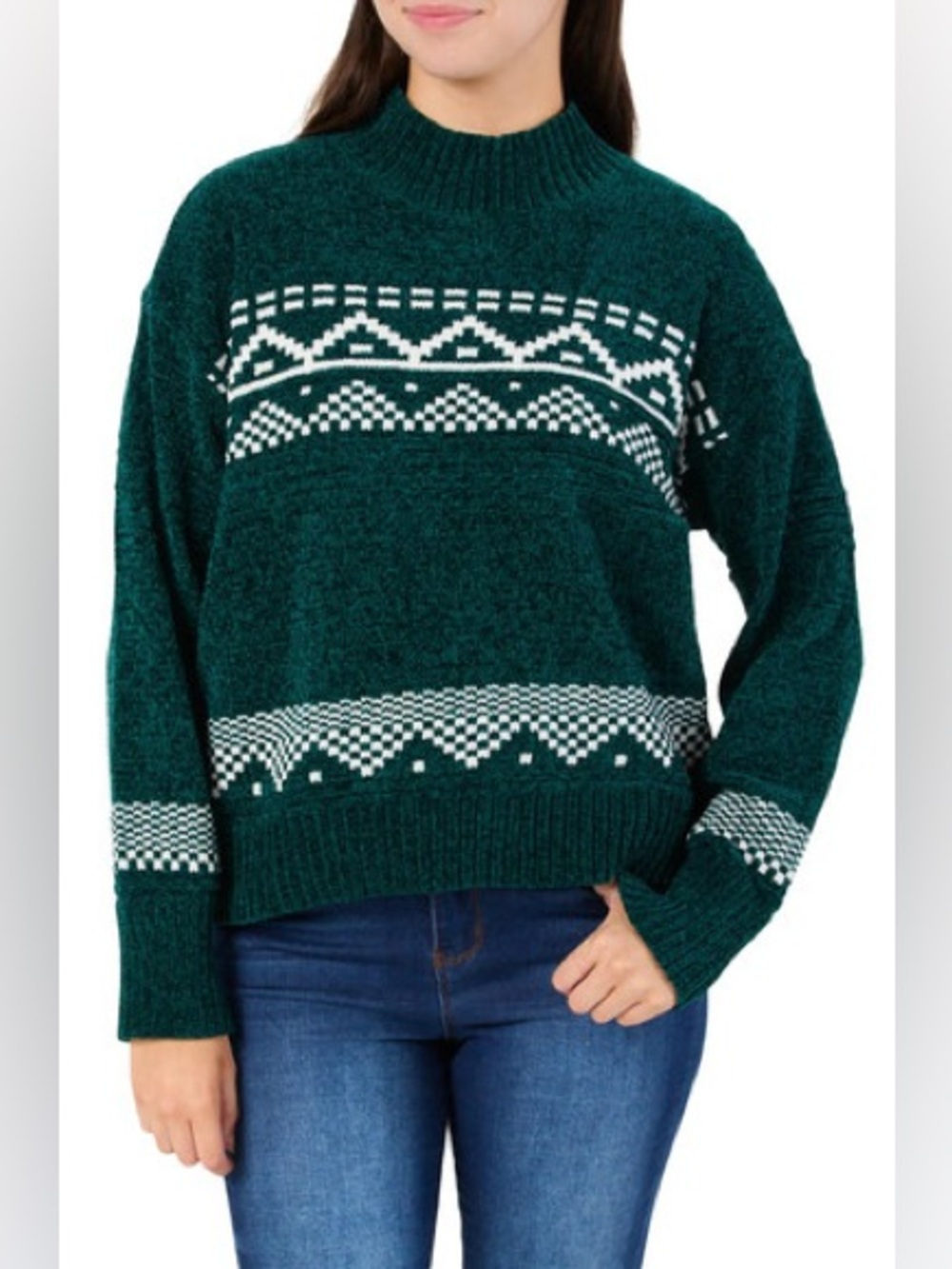 Adrienne Vittadini Vintage Chenille Fair Isle Mock Neck Sweater XL Soft Cozy